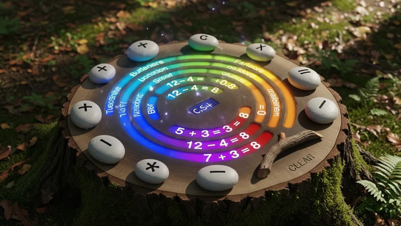 A Colorful Interactive Mathematical Tool Set on a Tree Stump Amidst Lush Forest Surroundings, Featuring a Range of Mathematical Operations Indicated by Vibrant Colors