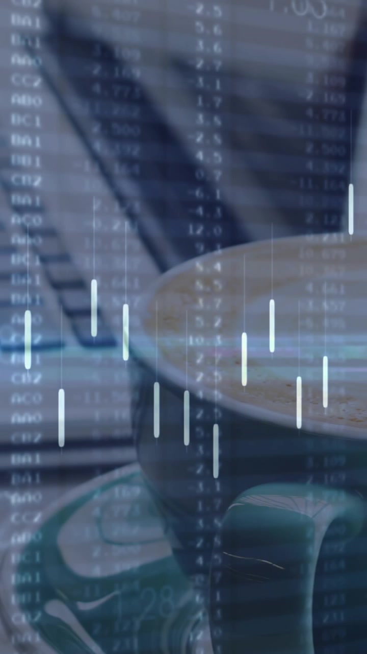 Animation of financial data processing over caucasian woman using laptop