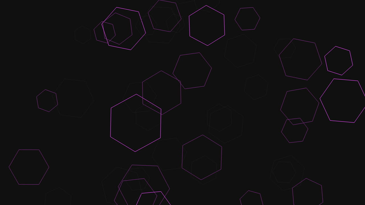 misteriosos y hipnotizantes hexágonos púrpuras y círculos bailan en un lienzo negro