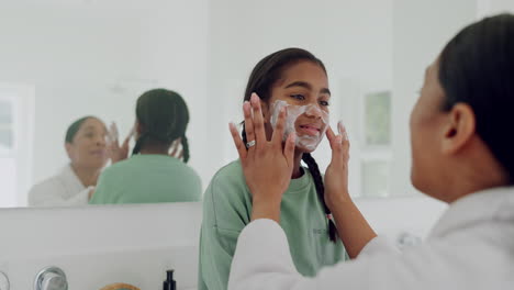 Face-mask,-kid-or-mother-in-bathroom-cleaning