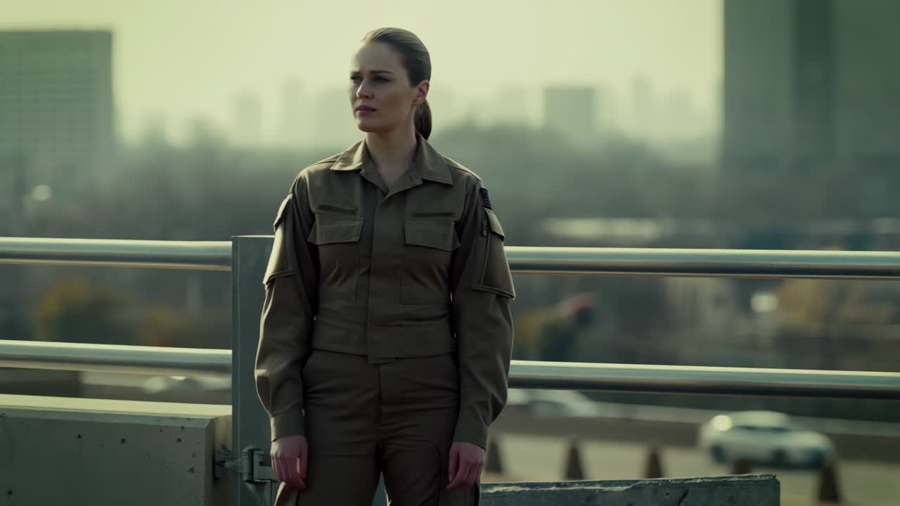 Kvinde i militæruniform står på en viadukt og ser ud over byen.
