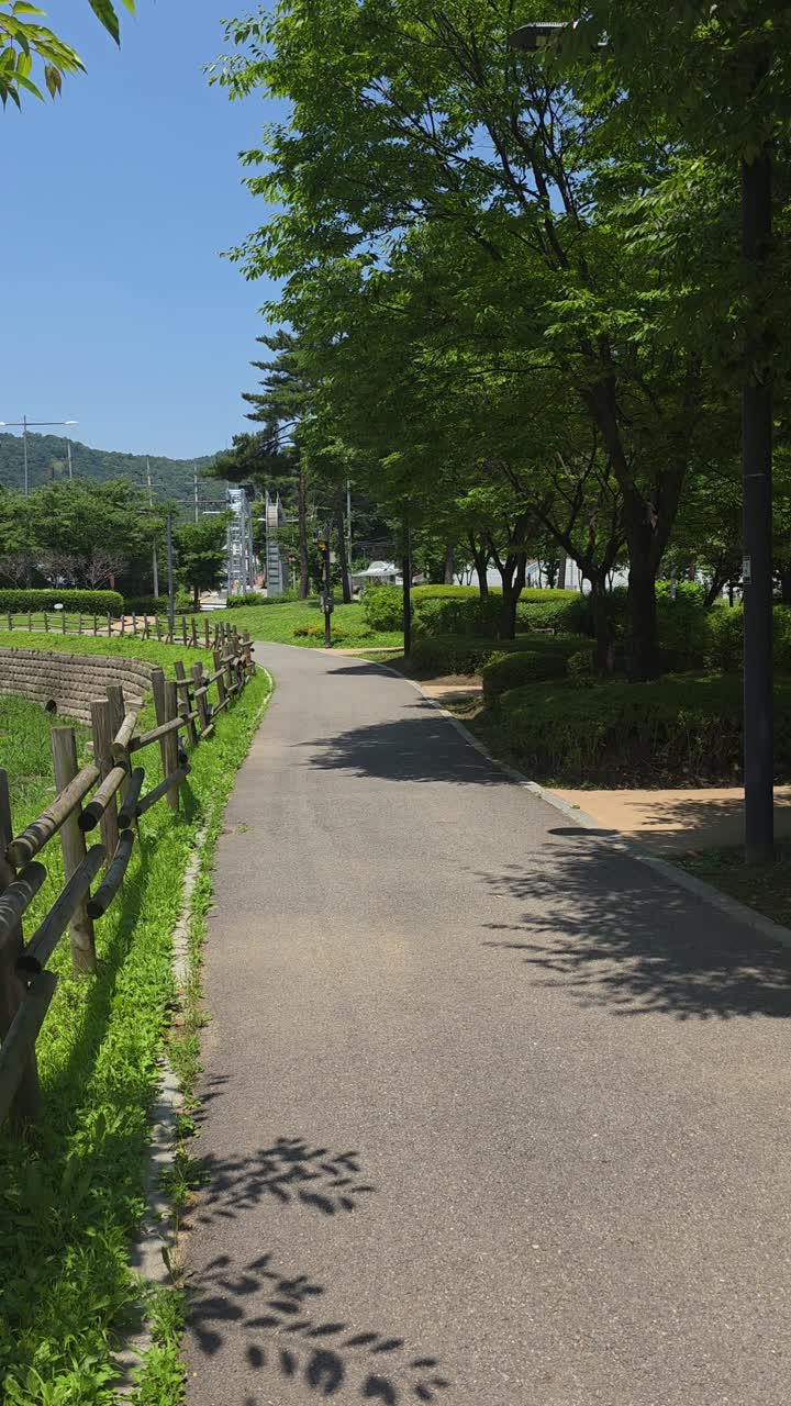 A cute little girl wearing a swimsuit and sun hat walks along a path in a park on a sunny summer day, carrying a large inflatable dolphin balloon on her way to the pool or beach for a fun vacation