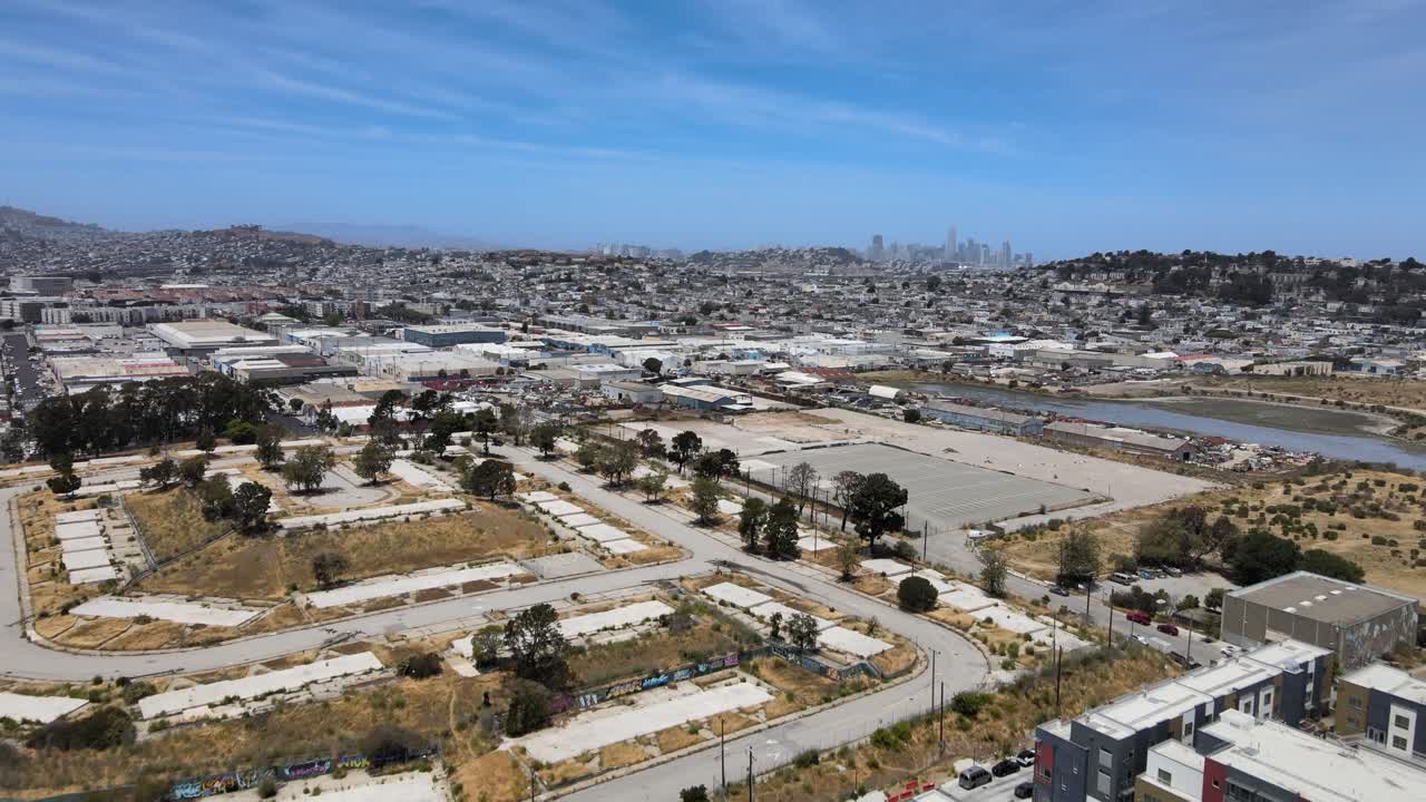 This drone footage captures a serene flyby over the Bayview neighborhood in San Francisco