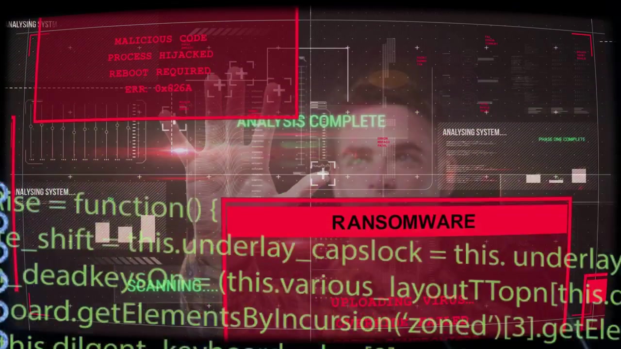 En tekniker rækker hånden op og starter en bioskanning, der verificerer adgang; en klar HUD viser blå fliser og ransomware.