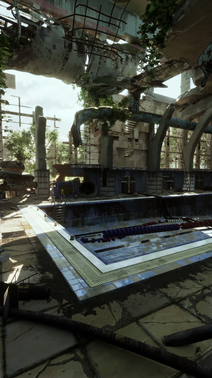 버려진 수영장과 잔디로 가득 찬 수영장