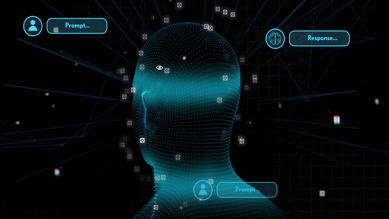 Animation of data processing and media icons over digital human spinning