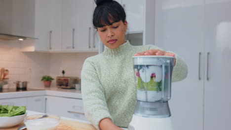 blender, fruit and woman on a health diet making