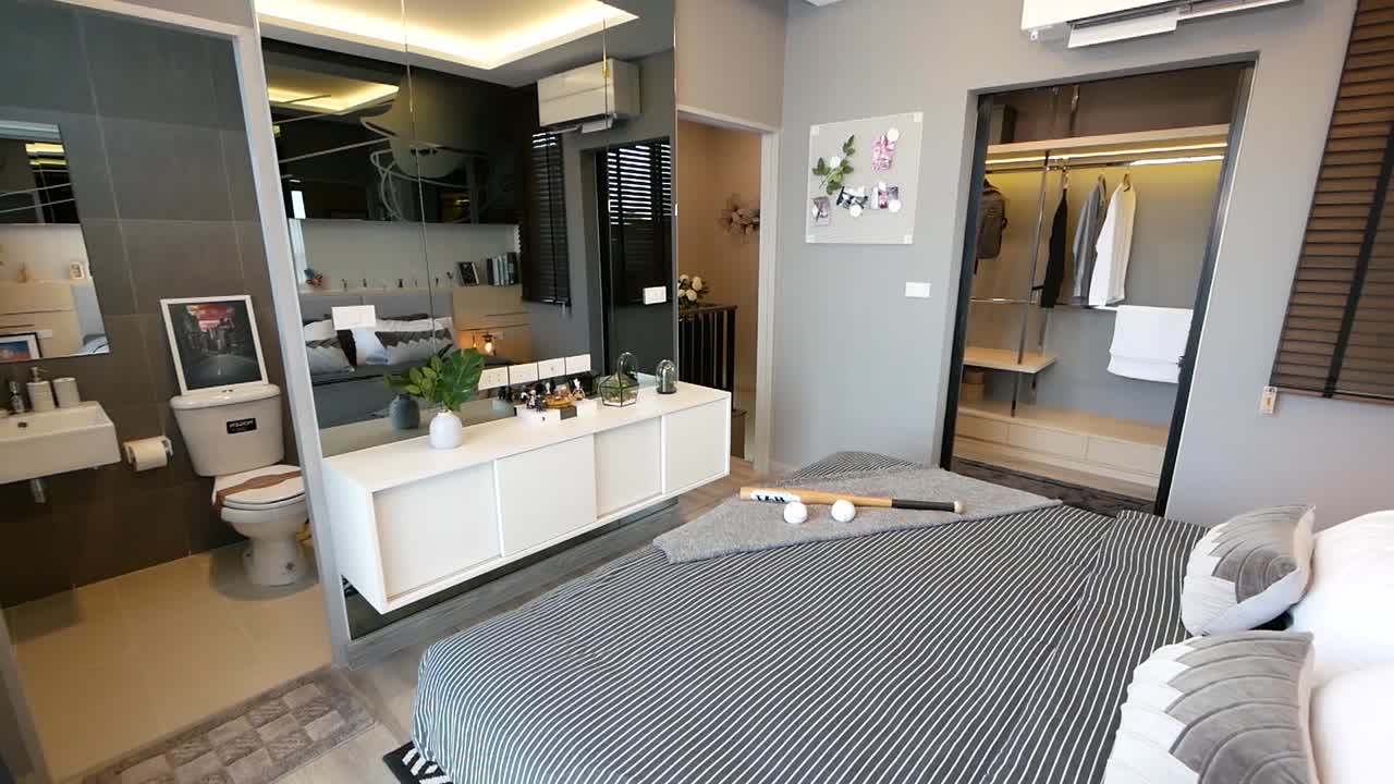 흑백 담요, 킹 사이즈 침대, 사람 없음, 패닝-2를 갖춘 현대적인 침실 인테리어 디자인