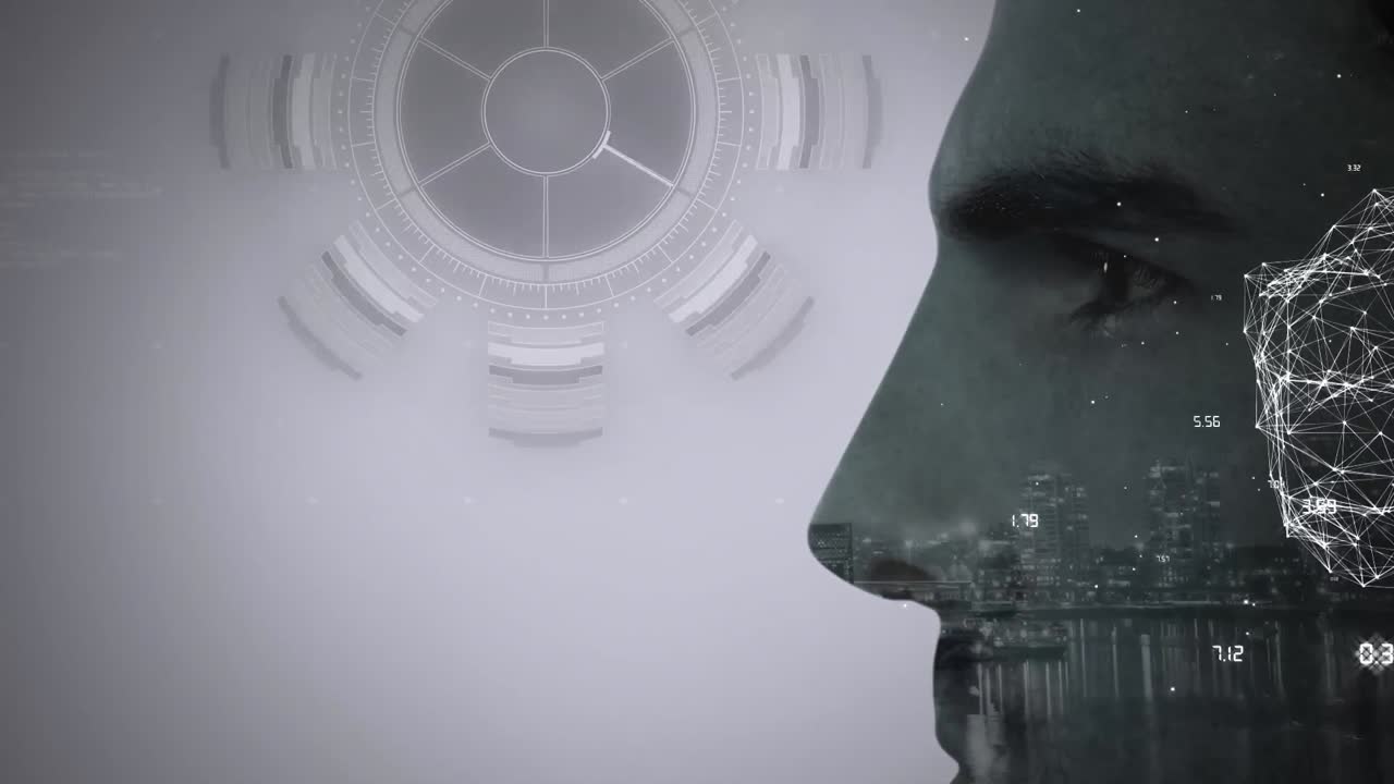 animación de la red de conexiones y escaneo de alcance sobre el hombre en la interfaz