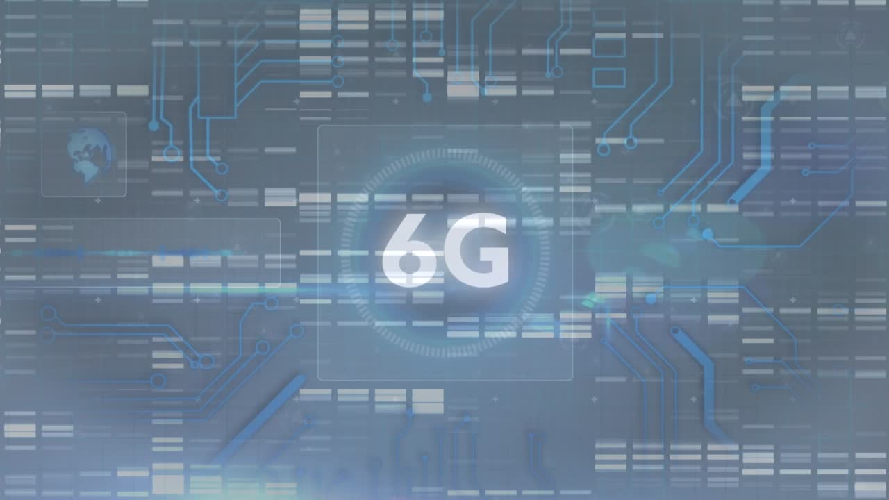 Testo 6G e connessioni di microprocessori su quadrati a mosaico su sfondo blu.