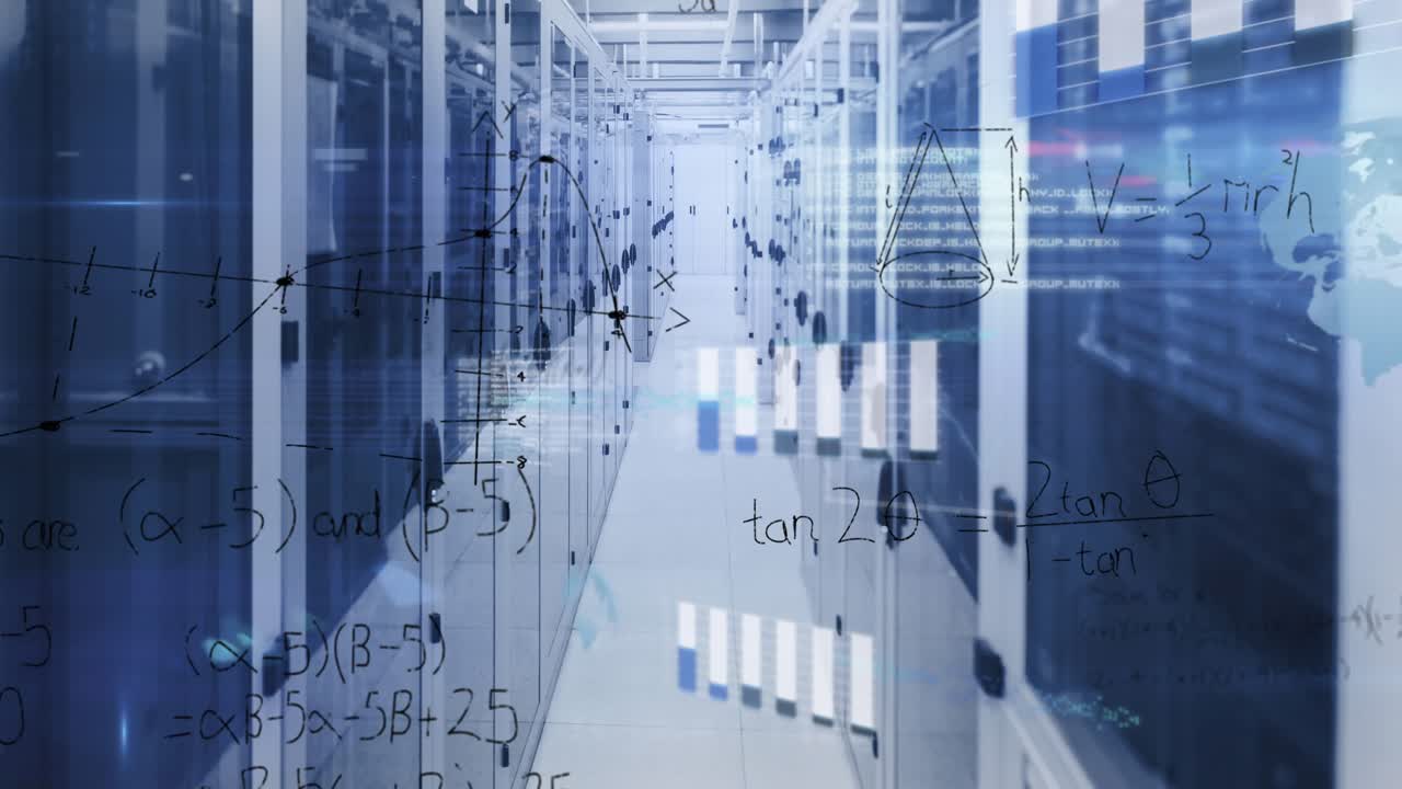 Animation of mathematical equations and data processing against computer server room