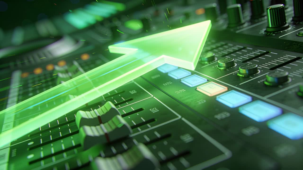 Appearing neon green arrow moving diagonally across audio console in dim studio, passing faders