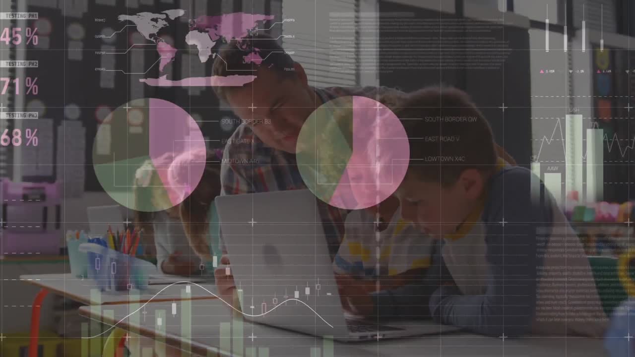 aula usando portátil con transición de gráfico de finanzas