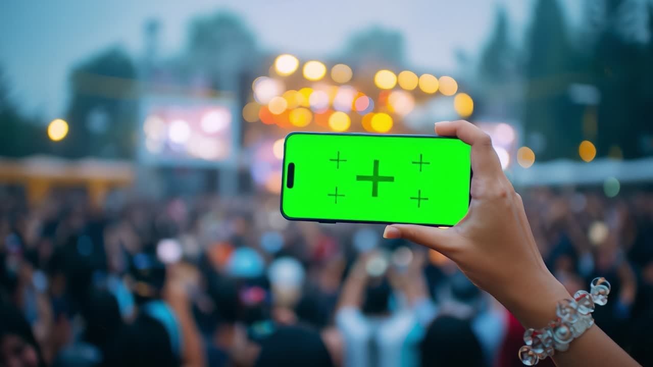 Woman holding smartphone with green screen at music concert