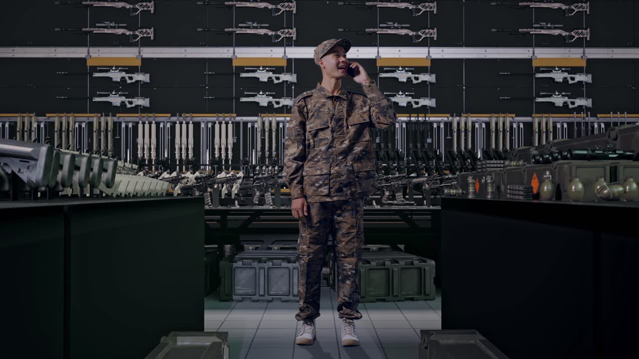 uomo asiatico soldato a figura intera che parla al telefono e si guarda intorno in un arsenale militare