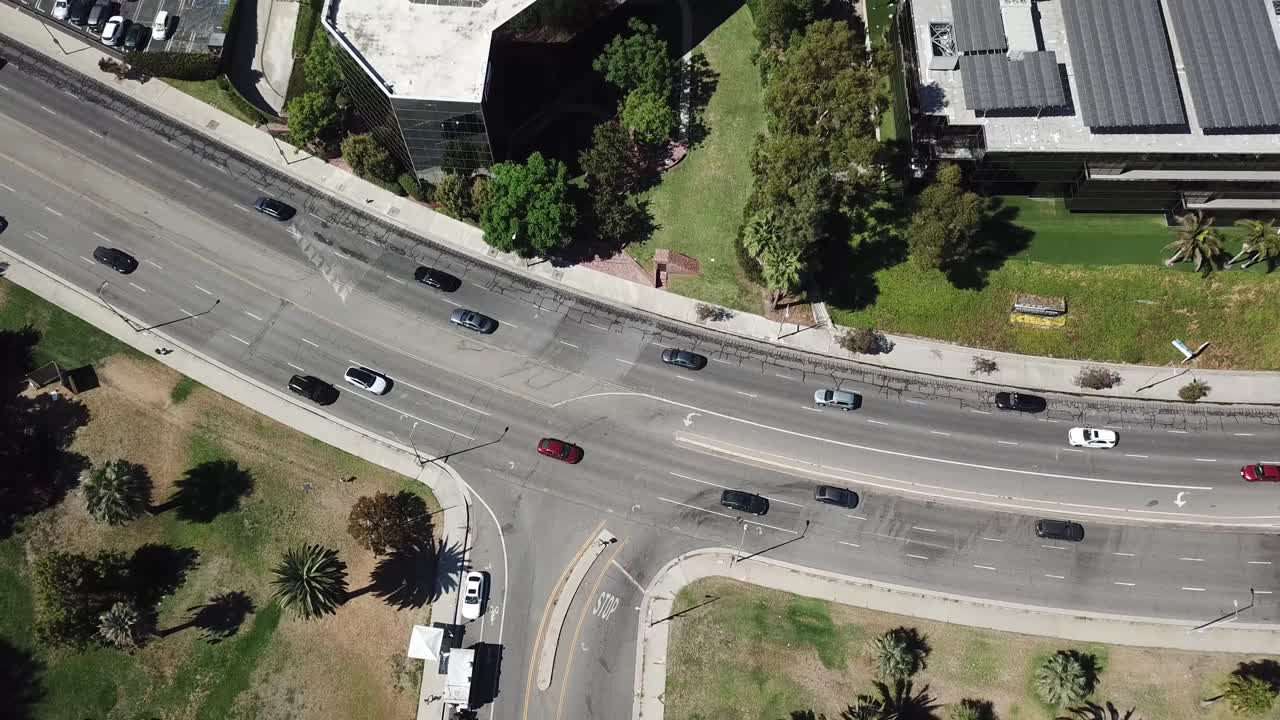 Aerial View of Urban Streets, Buildings, and Parking Lots