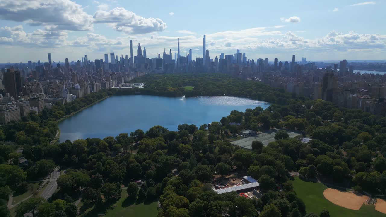 Aerial panoramic View of Central Park with Jacqueline Kennedy Onassis Reservoir in New York City with the manhattan skyline in the background.