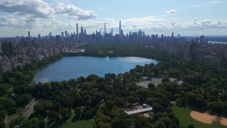 aerial panoramic view of central park with jacqueline kennedy onassis reservoir in new york city with the manhattan skyline in the background.