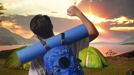 Happy camper enjoying a sunset view