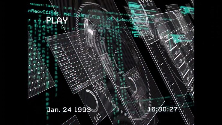 16:30:22 starting glitch with PLAY overlay, sliding 3D panels and code streaming visualizing data