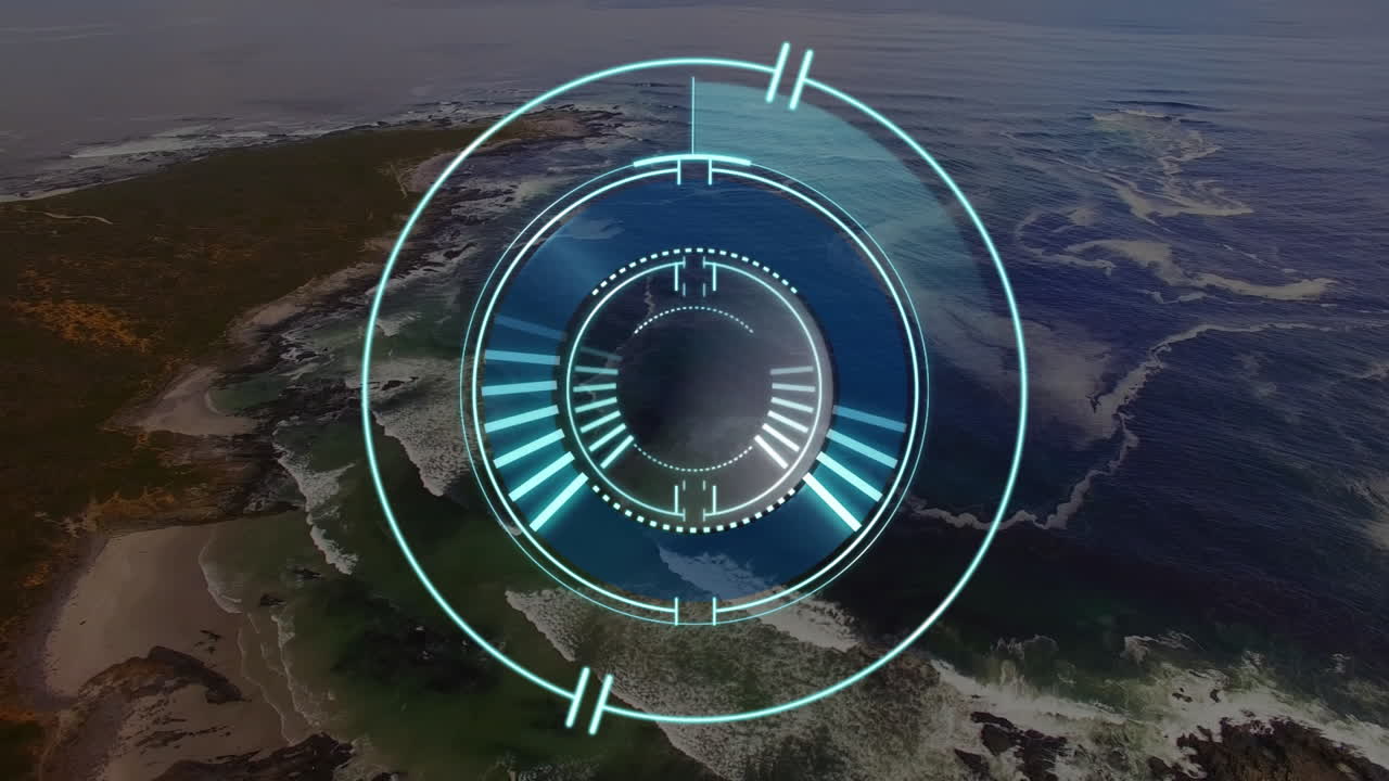 Digital interface animation over aerial view of ocean and coastline