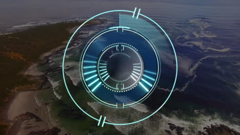digital interface animation over aerial view of ocean and coastline