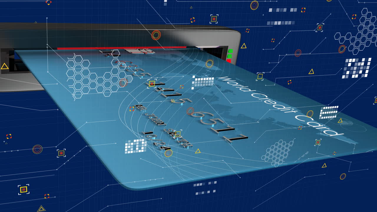 신용 카드 세부 사항 및 보안 기능 디지털 네트워크 배경에서 애니메이션