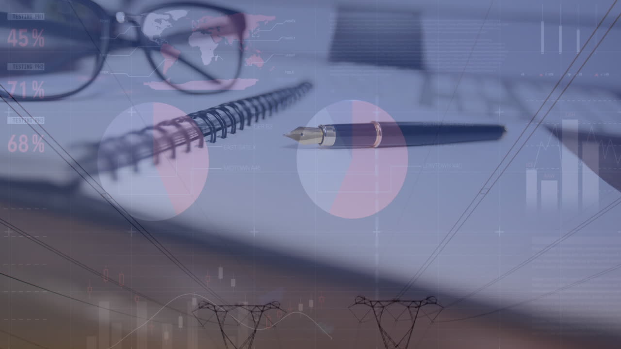 네트워크 타워에 대한 오피스 데스크에 있는 장비를 통해 통계 데이터 처리의 애니메이션