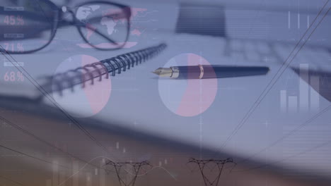 animación del procesamiento de datos estadísticos sobre equipos en escritorio contra torres de red