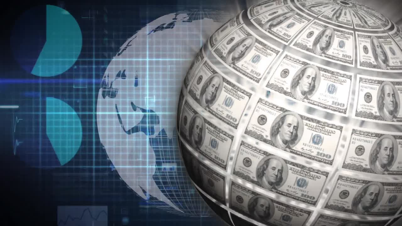animación del globo del dólar girando sobre el gráfico, el monitor de ritmo cardíaco y el mapa del mundo, sobre fondo verde