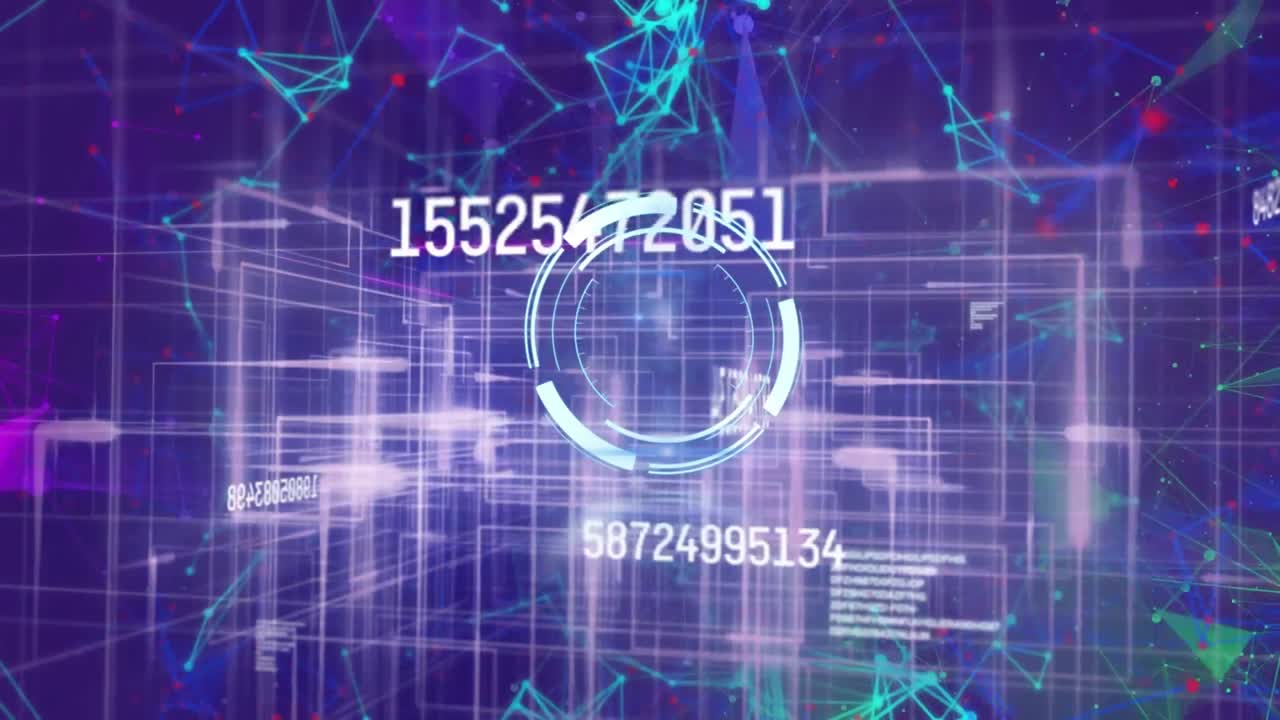 animazione digitale dello scanner rotondo e di più numeri mutevoli contro la rete di connessioni