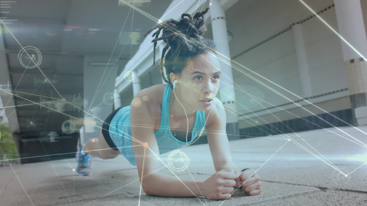 Animation of network of connections over fit woman exercising