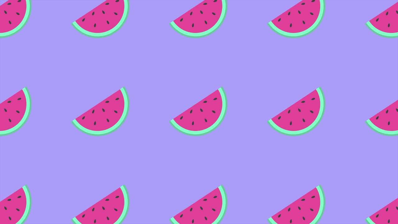 Animated background with moving watermelon slices on purple background. 4k video