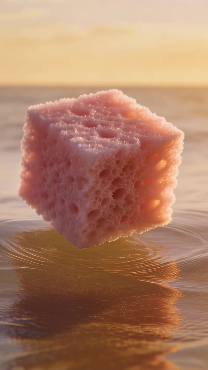 Video verticale: Un cubo rosa spugnoso che emerge e scende sopra il mare al tramonto, creando un'increspatura e posandosi.