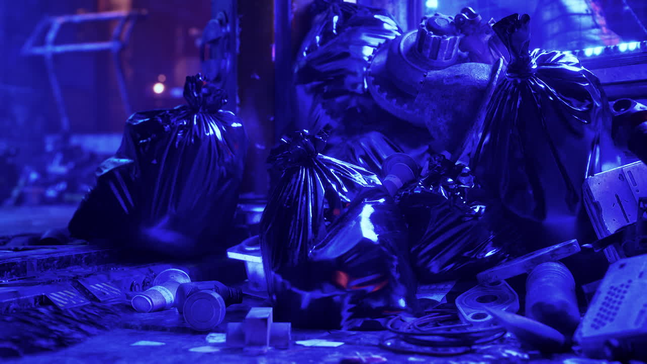 En bunke skraldeposer i en mørk og dyster scene