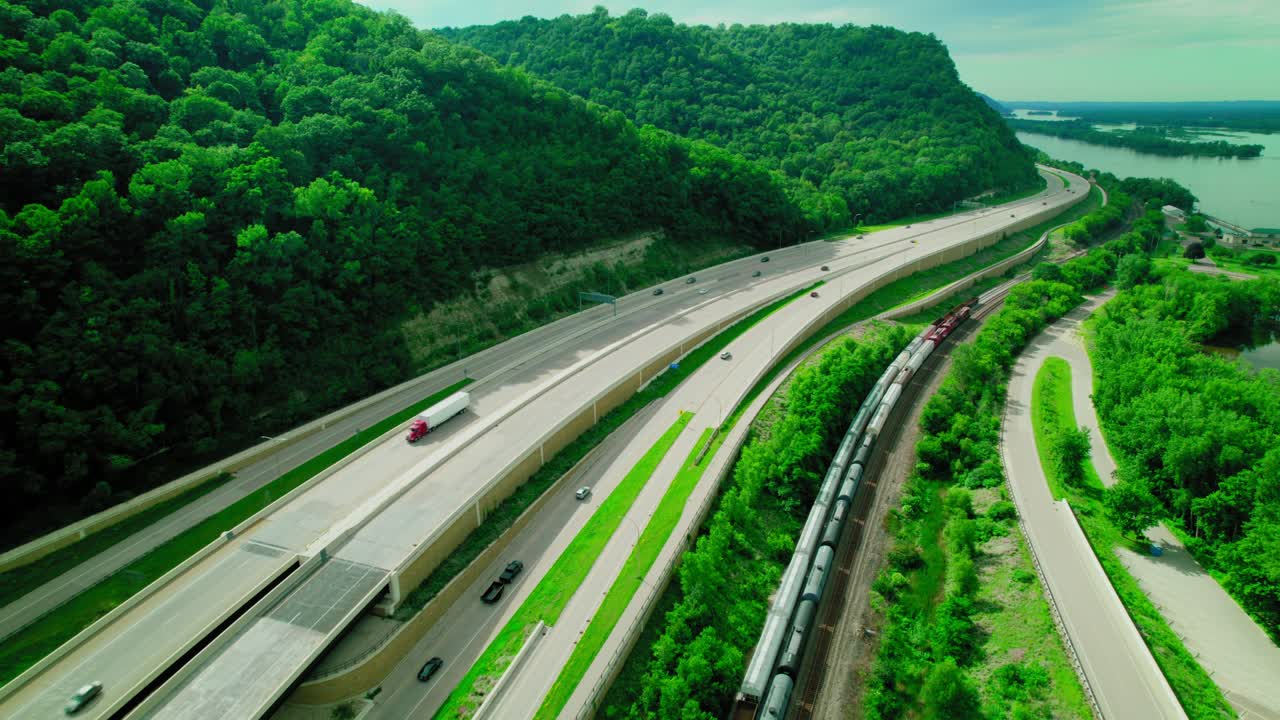 Aerial view of Interstate I-90 above La Crosse, Minnesota, with train tracks alongside