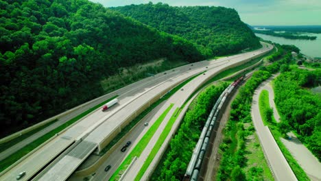 aerial view of interstate i-90 above la crosse, minnesota, with train tracks alongside