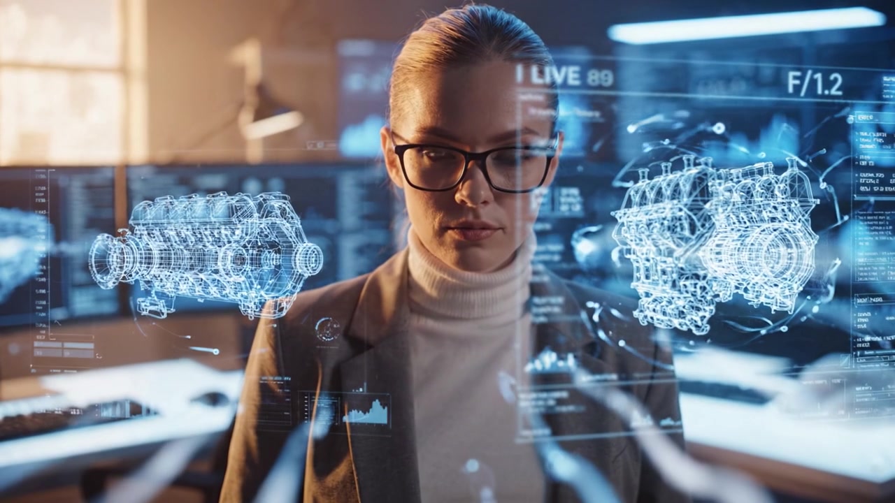 Engenheiro Inovador Analisando Dados Complexos em um Ambiente de Alta Tecnologia com Telas Holográficas e Gráficos Intrincados Representando Sistemas Mecânicos Avançados.