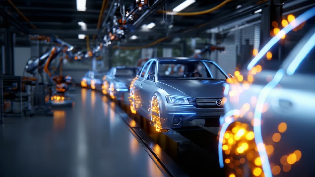 An Advanced Automotive Manufacturing Facility Showcasing Precision Assembly Lines with Robotic Automation, Emphasizing the Innovative Production of Electric Vehicles and High-Tech Engineering Processes