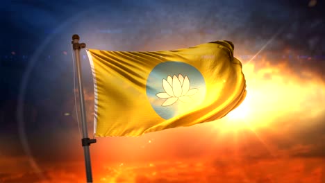 kalmykia flag backlit at beautiful sunrise loop slow motion 4k