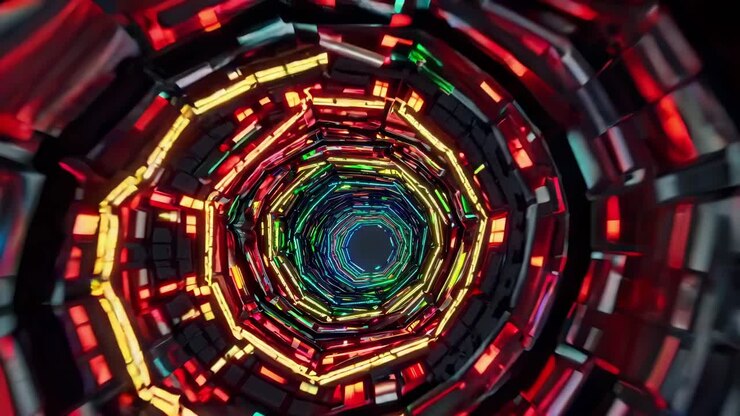 Vibrant neon vortex swirling through futuristic digital tunnel, generating mesmerizing luminescent pattern with dynamic geometric progression