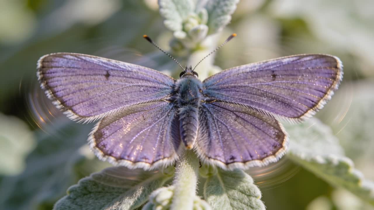 Piccola farfalla viola posata su un fusto in macro, il sole che riflette sulle scaglie delle sue ali mentre la brezza le accarezza delicatamente.
