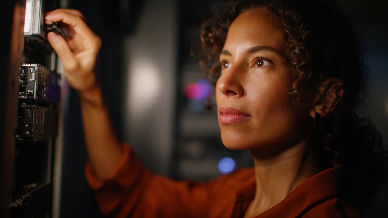 Woman with Curly Hair Examining Equipment in a Dimly Lit Room, Delving into the Intricacies of Technology and Data Management, Reflecting Intense Focus and Expert Knowledge in Her Field