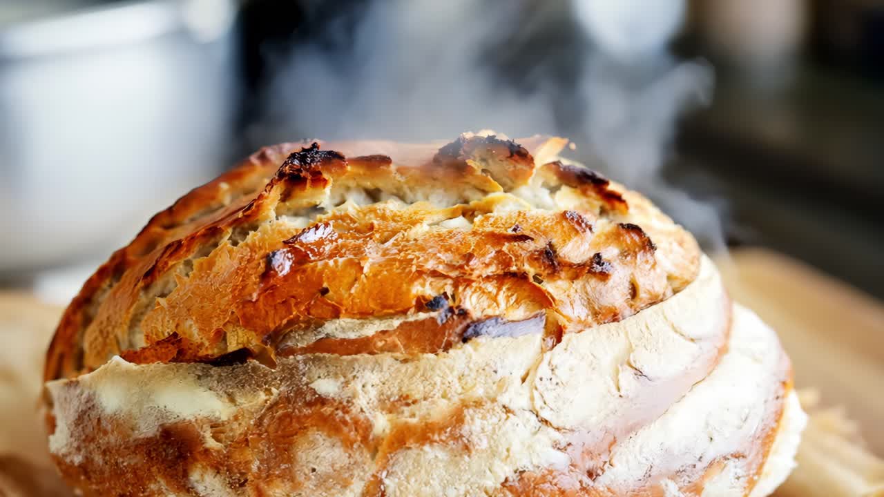 Freshly baked sourdough bread rests on a wooden cutting board, releasing steam as it cools, highlighting its golden, crispy crust and rustic texture