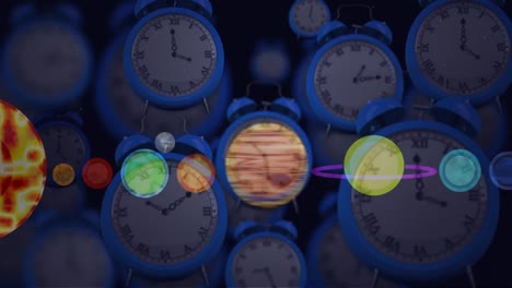 Animation-of-solar-system,-planets-and-space-over-clocks-ticking