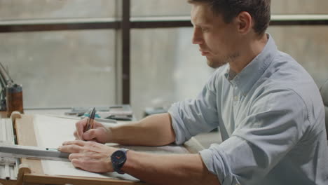 architect man standing working with blueprints sketching a construction project on wood desk at home office.construction design concept.vintage color tone. engineer works in a bright office with a large window concentrates and draws blueprints. workplace of an architect or designer: loft style minim