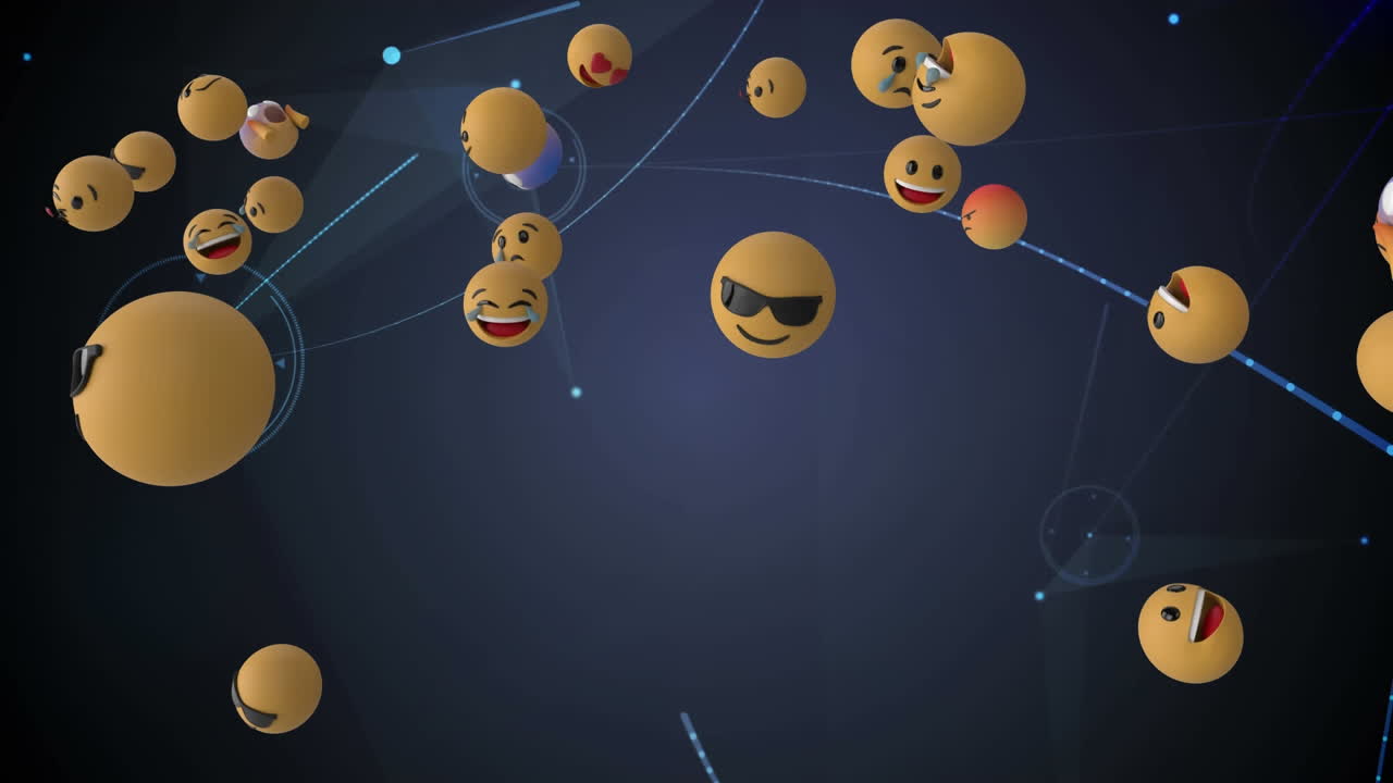 Digital animation of multiple face emojis floating against network of connections on blue background