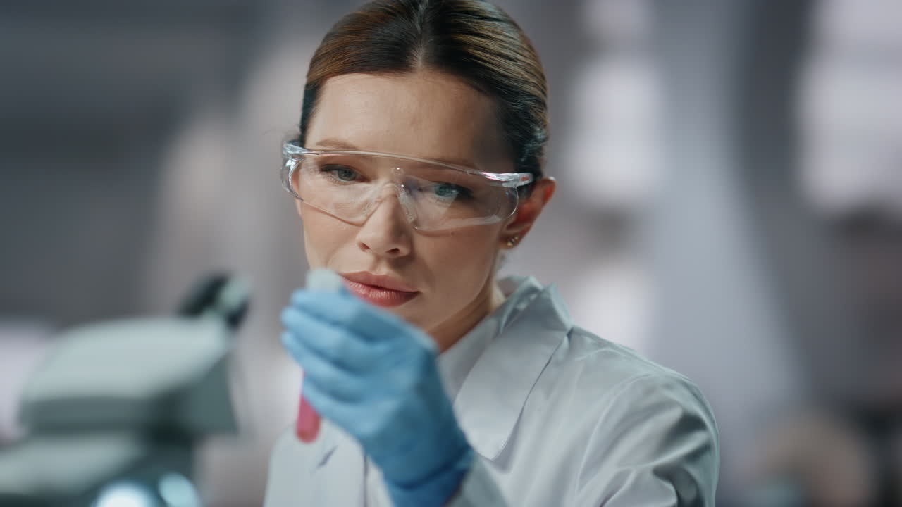 Closeup scientist researching samples in test tube at medical laboratory.