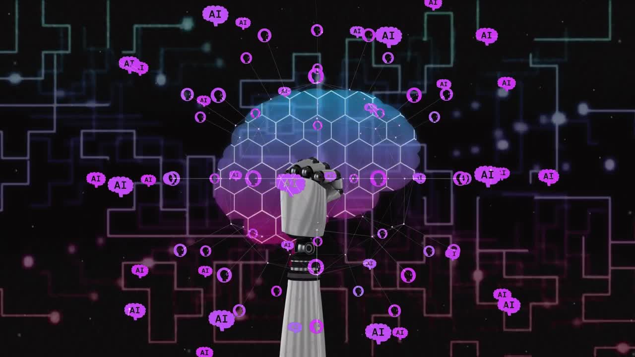 Animation of ai data processing over robot's arm, human brain and dark background