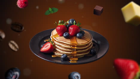 panqueques con miel rociado introducción de animación para publicidad o comercialización en fondo naranja oscuro para restaurantes con los ingredientes del postre volando en el aire - agregar precio o venta